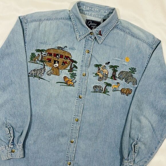 Vintage Embroidered Noah’s Arc Light Jean Button Down Shirt - Picture 1 of 11
